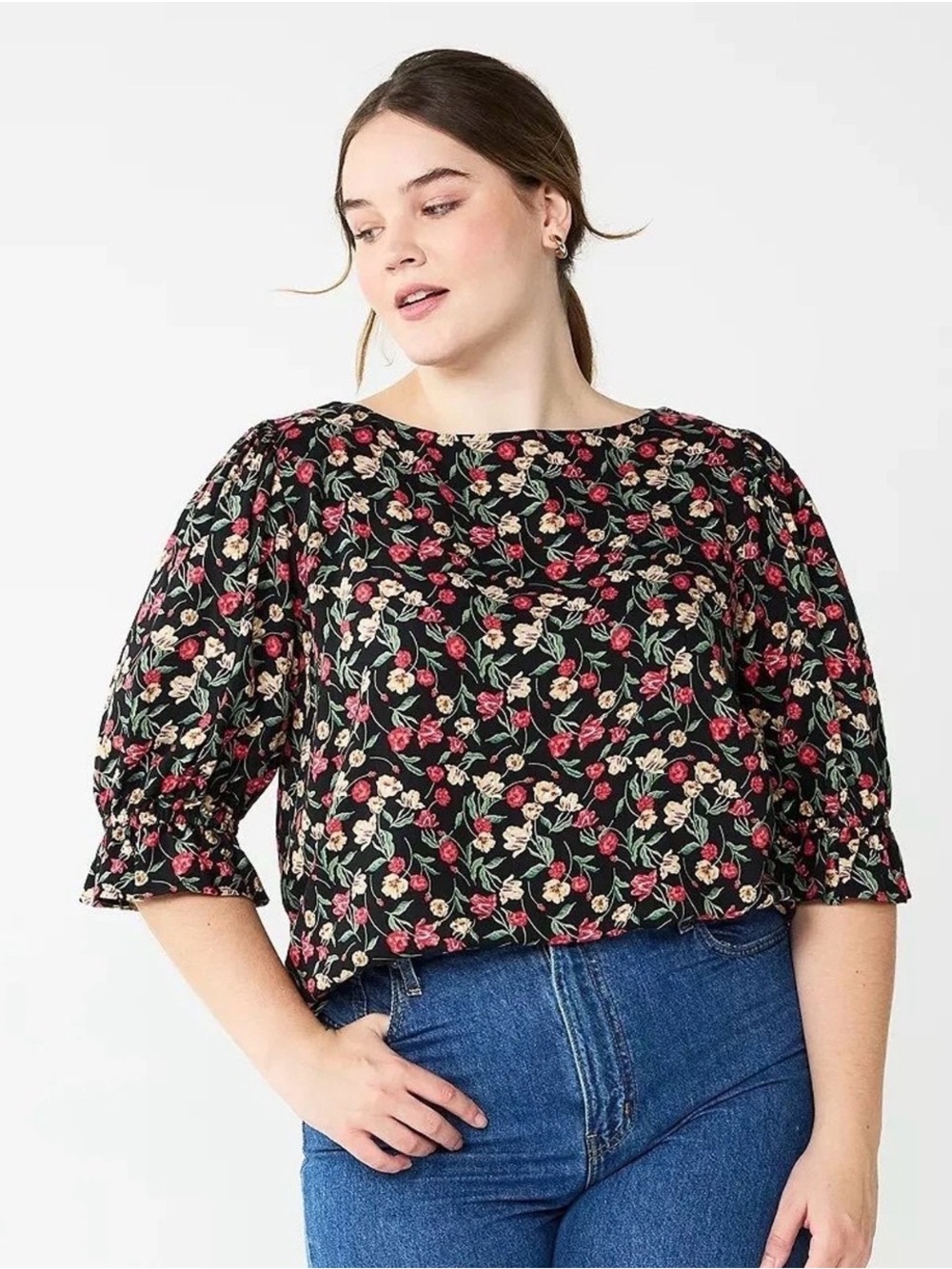 Draper James RSVP Black Floral Print Cinched Elbow Sleeve Top Boho Cottage Sz 2X